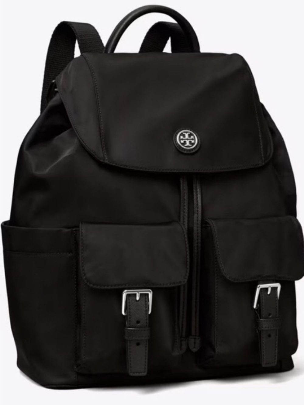 Tory Burch Black Nylon Virginia Flap Drawstring Backpack